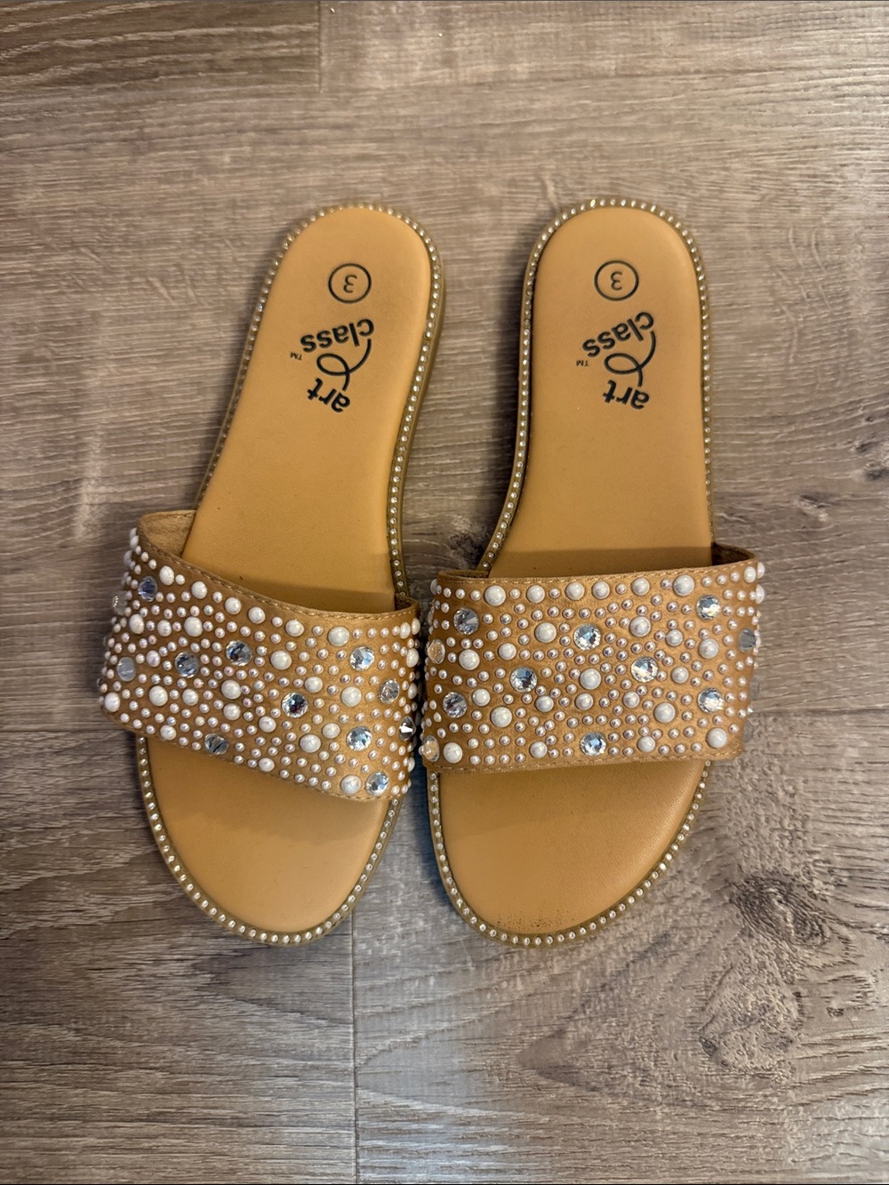 art class Tan Slide Sandals with Pearl and Crystal Accents